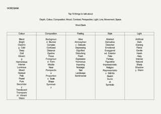 WORDBANK
Top10 things to talkabout
Depth, Colour, Composition, Mood, Contrast, Perspective, Light, Line,Movement, Space.
Word Bank
Colour Composition Feeling Style Light
Blend
Bright
Clashin
g Cold
Deep
Dull
Glowin
g
Harmonious
Intense
Luminous
Mixed
Opaque
Pale
Pastel
Pure
Secondar
y
Translucent
Transpare
nt Vibrant
Warm
Backgroun
d Blurred
Complex
Confused
Distance
Eyeline
Focus
Foregroun
d Form
Middle
Near
Perspectiv
e
Proportion
s Scale
Shape
Symmetr
y
Alive
Atmospheri
c Delicate
Depressing
Dignified
Disturbing
Fresh
Expressive
Humorous
Imposing
Nostalgic
Sad
Landscape
Sentimental
Abstract
Derivative
Distorted
Emotional
Exaggerat
ed Exterior
Fake
Fantasy
Figurative
Impressionistic
Religion
Representatio
n Still life
Sketch
Surre
al
Symbolic
Artificial
Dark
Evening
Fierce
Gentle
Harsh
Hazy
Intense
Natural
Shady
Shadow
y Warm
 