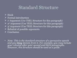 Standard Structure
   Hook
   Formal Introduction
   1st Argument (Use TEEL Structure for this paragraph)
   2nd Argument (Use TEEL Structure for this paragraph)
   3rd Argument (Use TEEL Structure for this paragraph)
   Rebuttal of possible opponents
   Conclusion


• Note: This is the standard structure of a persuasive speech
  and you may deviate from it. For example, you may include
  your rebuttal after your second and third paragraphs.
  However, this structure should be used as a guide.
 