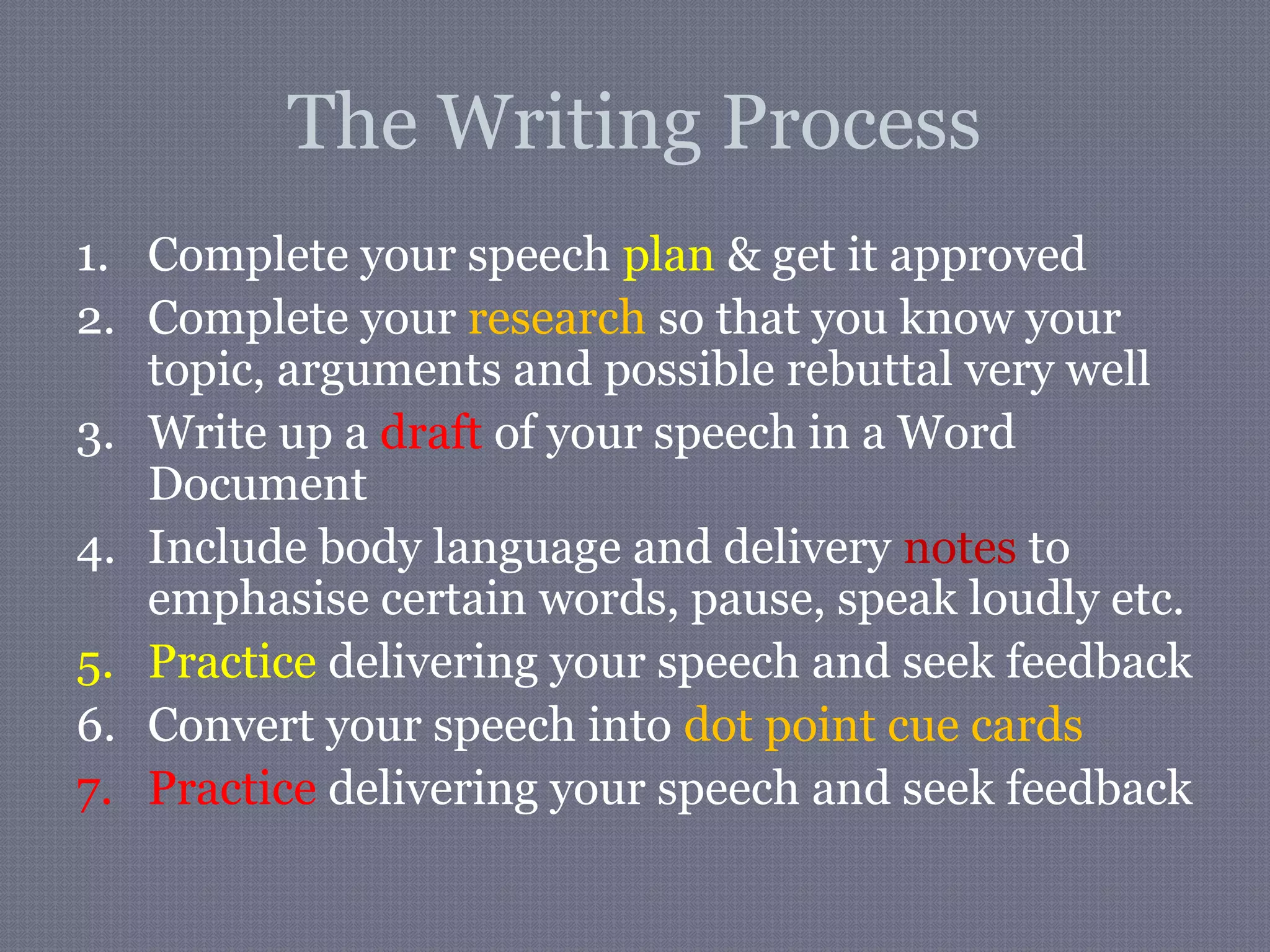 The Writing Process
1. Complete your speech plan & get it approved
2. Complete your research so that you know your
topic, arguments and possible rebuttal very well
3. Write up a draft of your speech in a Word
Document
4. Include body language and delivery notes to
emphasise certain words, pause, speak loudly etc.
5. Practice delivering your speech and seek feedback
6. Convert your speech into dot point cue cards
7. Practice delivering your speech and seek feedback
 