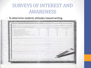 SURVEYS OF INTEREST AND
          AWARENESS
• To determine students attitudes toward writing.
 