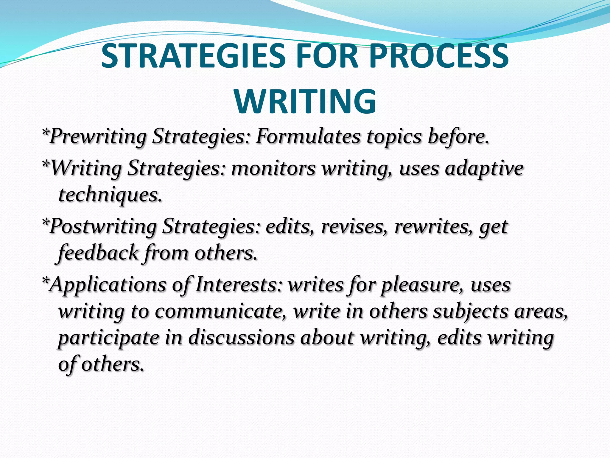 STRATEGIES FOR PROCESS
             WRITING
*Prewriting Strategies: Formulates topics before.
*Writing Strategies: monitors writing, uses adaptive
  techniques.
*Postwriting Strategies: edits, revises, rewrites, get
  feedback from others.
*Applications of Interests: writes for pleasure, uses
  writing to communicate, write in others subjects areas,
  participate in discussions about writing, edits writing
  of others.
 