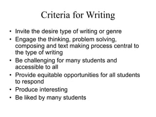 Criteria for Writing
• Invite the desire type of writing or genre
• Engage the thinking, problem solving,
composing and text making process central to
the type of writing
• Be challenging for many students and
accessible to all
• Provide equitable opportunities for all students
to respond
• Produce interesting
• Be liked by many students
 