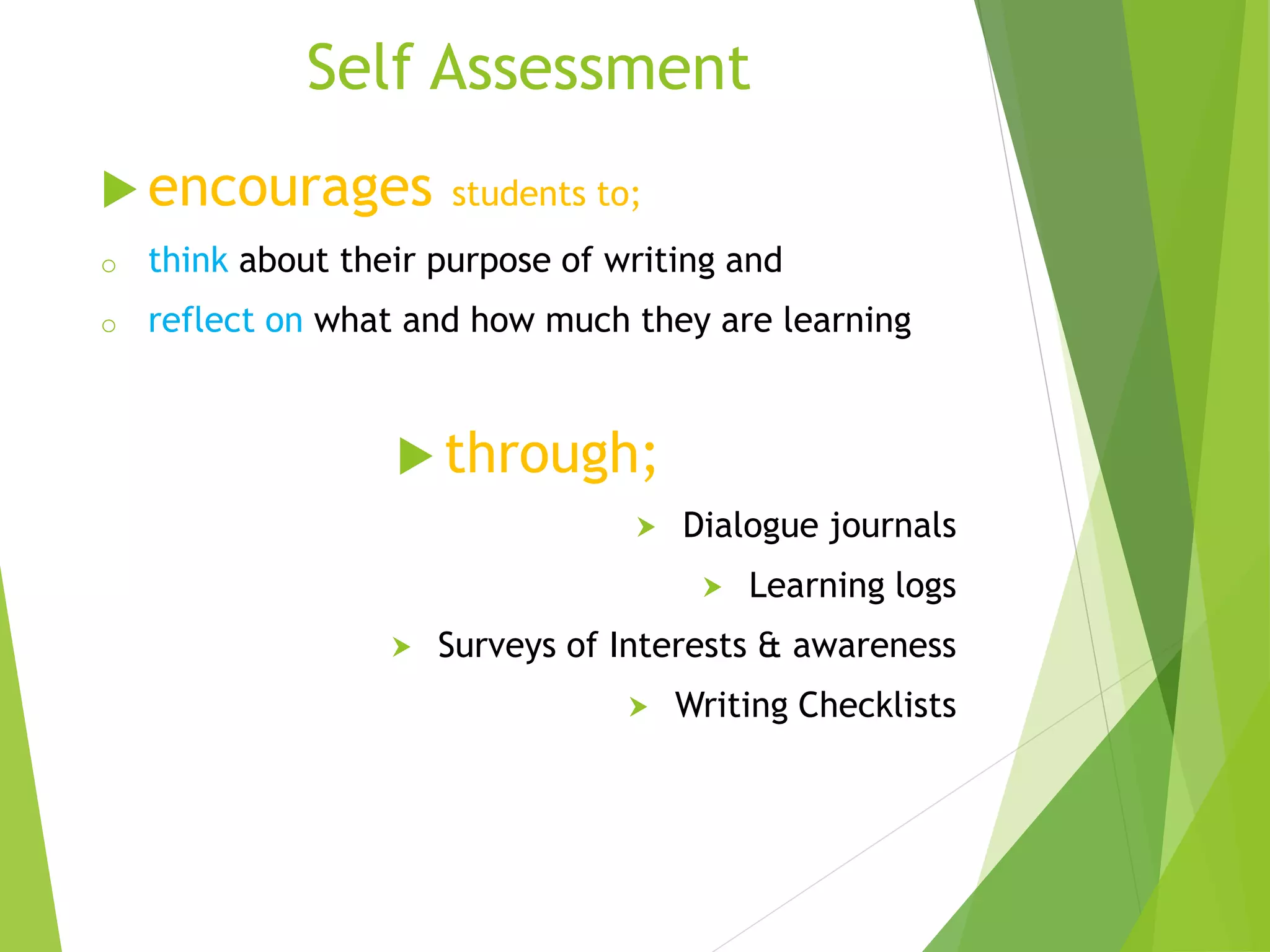 Self Assessment
 encourages students to;
o think about their purpose of writing and
o reflect on what and how much they are learning
 through;
 Dialogue journals
 Learning logs
 Surveys of Interests & awareness
 Writing Checklists
 