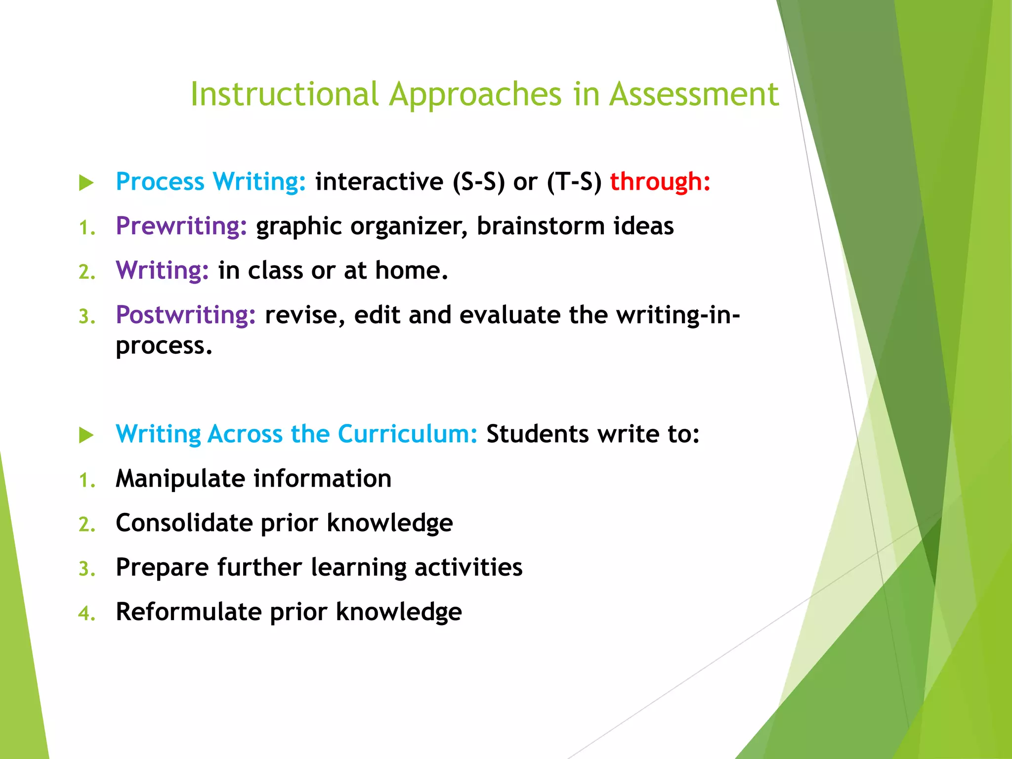 Instructional Approaches in Assessment
 Process Writing: interactive (S-S) or (T-S) through:
1. Prewriting: graphic organizer, brainstorm ideas
2. Writing: in class or at home.
3. Postwriting: revise, edit and evaluate the writing-in-
process.
 Writing Across the Curriculum: Students write to:
1. Manipulate information
2. Consolidate prior knowledge
3. Prepare further learning activities
4. Reformulate prior knowledge
 