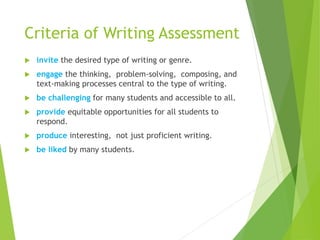Criteria of Writing Assessment
 invite the desired type of writing or genre.
 engage the thinking, problem-solving, composing, and
text-making processes central to the type of writing.
 be challenging for many students and accessible to all.
 provide equitable opportunities for all students to
respond.
 produce interesting, not just proficient writing.
 be liked by many students.
 