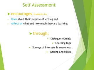 Self Assessment
 encourages students to;
o think about their purpose of writing and
o reflect on what and how much they are learning
 through;
 Dialogue journals
 Learning logs
 Surveys of Interests & awareness
 Writing Checklists
 