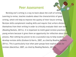Peer Assessment
Revising one’s writing is a way to learn about the craft of writing.
Learning to revise, teaches students about the characteristics of good
writing, which will help to improve the quality of their future writing.
Revision skills complement reading skills and require that writers distance
themselves from their writing in order to critically evaluate their own work
(Reading Rockets, 2011c). It is important to instill good revision practices in
young writers because it gives them an opportunity for reflection about their
process. Peer editing has proven to be a successful way to help students
develop revision skills (Graham & Harris, 2007, as cited by Reading Rockets,
2011c). This is particularly true when peer groups have explicit goals for
revision (MacArthur, 2007, as cited by Reading Rockets, 2011c).
 