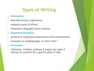 Types of Writing
 Informative:
 describes events, experiences
 analyzes causes & effects
 composes a biography about a person
 Expressive/narrative:
 personal & imaginative observations and interpretations
 composes an autobiography. i:e more “fun”
 Persuasive:
 influences, initiates, analyses & argues any topic of
interest to convince for a specific point of view
 