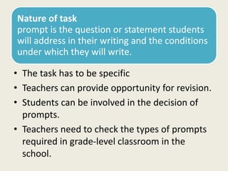 Nature of task
prompt is the question or statement students
will address in their writing and the conditions
under which they will write.
• The task has to be specific
• Teachers can provide opportunity for revision.
• Students can be involved in the decision of
prompts.
• Teachers need to check the types of prompts
required in grade-level classroom in the
school.
 