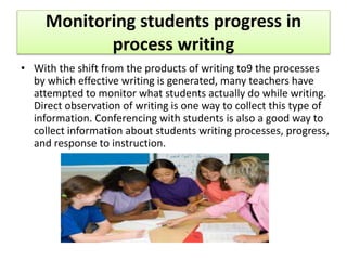 Monitoring students progress in
process writing
• With the shift from the products of writing to9 the processes
by which effective writing is generated, many teachers have
attempted to monitor what students actually do while writing.
Direct observation of writing is one way to collect this type of
information. Conferencing with students is also a good way to
collect information about students writing processes, progress,
and response to instruction.
 