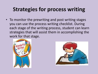 Strategies for process writing
• To monitor the prewriting and post writing stages
you can use the process writing checklist. During
each stage of the writing process, student can learn
strategies that will assist them in accomplishing the
work for that stage.
 