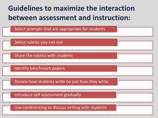 Guidelines to maximize the interaction
between assessment and instruction:
Select prompts that are appropriate for students
Select rubrics you can use
Share the rubrics with students
Identify benchmark papers
Review how students write no just how they write
Introduce self assessment gradually
Use conferencing to discuss writing with students
 