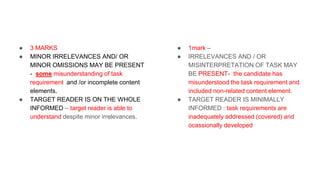 ● 3 MARKS
● MINOR IRRELEVANCES AND/ OR
MINOR OMISSIONS MAY BE PRESENT
- some misunderstanding of task
requirement and /or incomplete content
elements.
● TARGET READER IS ON THE WHOLE
INFORMED – target reader is able to
understand despite minor irrelevances.
● 1mark –
● IRRELEVANCES AND / OR
MISINTERPRETATION OF TASK MAY
BE PRESENT- the candidate has
misunderstood the task requirement and
included non-related content element.
● TARGET READER IS MINIMALLY
INFORMED : task requirements are
inadequately addressed (covered) and
ocassionally developed
 