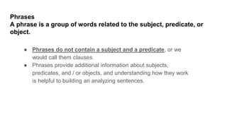 Phrases
A phrase is a group of words related to the subject, predicate, or
object.
● Phrases do not contain a subject and a predicate, or we
would call them clauses.
● Phrases provide additional information about subjects,
predicates, and / or objects, and understanding how they work
is helpful to building an analyzing sentences.
 