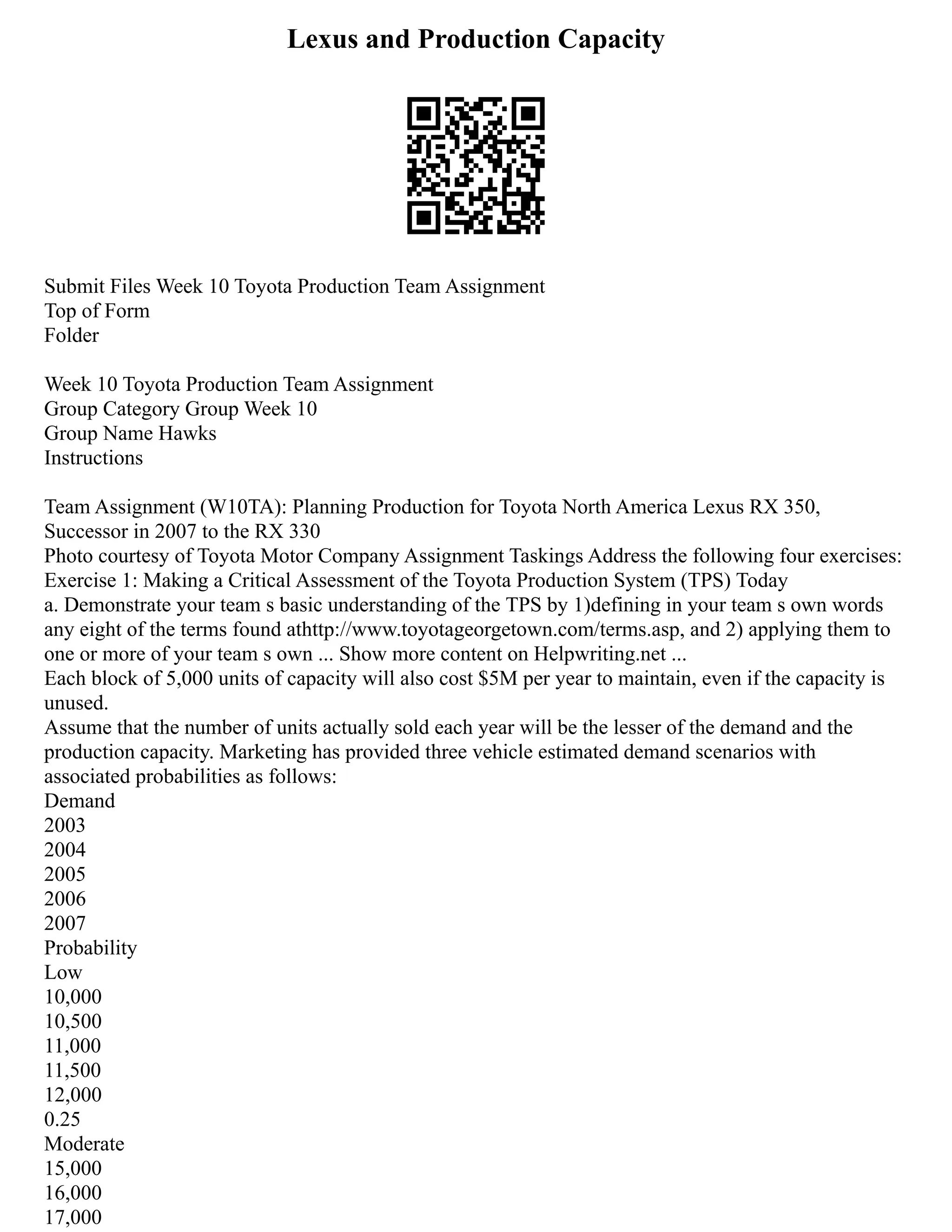 Lexus and Production Capacity
Submit Files Week 10 Toyota Production Team Assignment
Top of Form
Folder
Week 10 Toyota Production Team Assignment
Group Category Group Week 10
Group Name Hawks
Instructions
Team Assignment (W10TA): Planning Production for Toyota North America Lexus RX 350,
Successor in 2007 to the RX 330
Photo courtesy of Toyota Motor Company Assignment Taskings Address the following four exercises:
Exercise 1: Making a Critical Assessment of the Toyota Production System (TPS) Today
a. Demonstrate your team s basic understanding of the TPS by 1)defining in your team s own words
any eight of the terms found athttp://www.toyotageorgetown.com/terms.asp, and 2) applying them to
one or more of your team s own ... Show more content on Helpwriting.net ...
Each block of 5,000 units of capacity will also cost $5M per year to maintain, even if the capacity is
unused.
Assume that the number of units actually sold each year will be the lesser of the demand and the
production capacity. Marketing has provided three vehicle estimated demand scenarios with
associated probabilities as follows:
Demand
2003
2004
2005
2006
2007
Probability
Low
10,000
10,500
11,000
11,500
12,000
0.25
Moderate
15,000
16,000
17,000
 