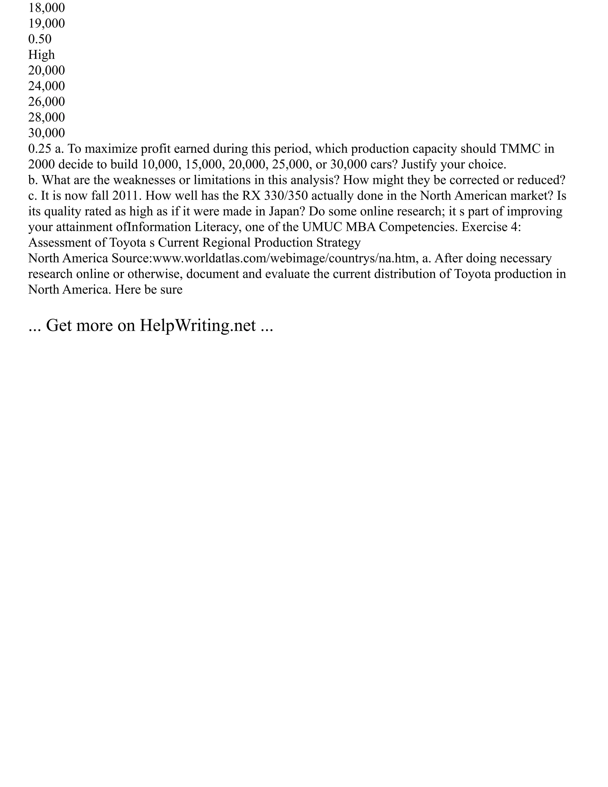 18,000
19,000
0.50
High
20,000
24,000
26,000
28,000
30,000
0.25 a. To maximize profit earned during this period, which production capacity should TMMC in
2000 decide to build 10,000, 15,000, 20,000, 25,000, or 30,000 cars? Justify your choice.
b. What are the weaknesses or limitations in this analysis? How might they be corrected or reduced?
c. It is now fall 2011. How well has the RX 330/350 actually done in the North American market? Is
its quality rated as high as if it were made in Japan? Do some online research; it s part of improving
your attainment ofInformation Literacy, one of the UMUC MBA Competencies. Exercise 4:
Assessment of Toyota s Current Regional Production Strategy
North America Source:www.worldatlas.com/webimage/countrys/na.htm, a. After doing necessary
research online or otherwise, document and evaluate the current distribution of Toyota production in
North America. Here be sure
... Get more on HelpWriting.net ...
 