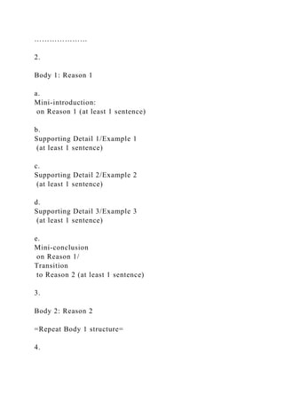 …………………
2.
Body 1: Reason 1
a.
Mini-introduction:
on Reason 1 (at least 1 sentence)
b.
Supporting Detail 1/Example 1
(at least 1 sentence)
c.
Supporting Detail 2/Example 2
(at least 1 sentence)
d.
Supporting Detail 3/Example 3
(at least 1 sentence)
e.
Mini-conclusion
on Reason 1/
Transition
to Reason 2 (at least 1 sentence)
3.
Body 2: Reason 2
=Repeat Body 1 structure=
4.
 