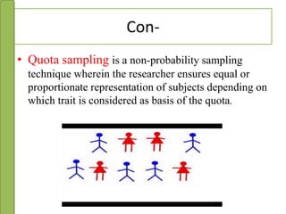 Con-
• Quota sampling is a non-probability sampling
technique wherein the researcher ensures equal or
proportionate representation of subjects depending on
which trait is considered as basis of the quota.
 