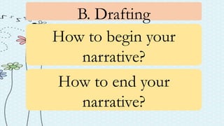 B. Drafting
How to begin your
narrative?
How to end your
narrative?
 