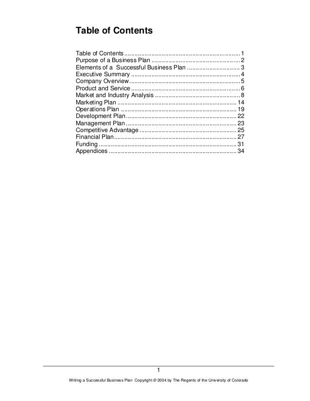 Standard business plan table contents