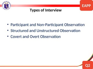 • Participant and Non-Participant Observation
• Structured and Unstructured Observation
• Covert and Overt Observation
Types of Interview
EAPP
Q2
 