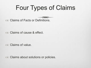 Four Types of Claims
 Claims of Facts or Definitions.
 Claims of cause & effect.
 Claims of value.
 Claims about solutions or policies.
 