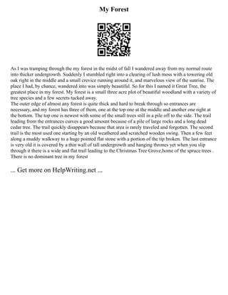 My Forest
As I was tramping through the my forest in the midst of fall I wandered away from my normal route
into thicker undergrowth. Suddenly I stumbled right into a clearing of lush moss with a towering old
oak right in the middle and a small crevice running around it, and marvelous view of the sunrise. The
place I had, by chance, wandered into was simply beautiful. So for this I named it Great Tree, the
greatest place in my forest. My forest is a small three acre plot of beautiful woodland with a variety of
tree species and a few secrets tucked away.
The outer edge of almost any forest is quite thick and hard to break through so entrances are
necessary, and my forest has three of them, one at the top one at the middle and another one right at
the bottom. The top one is newest with some of the small trees still in a pile off to the side. The trail
leading from the entrances curves a good amount because of a pile of large rocks and a long dead
cedar tree. The trail quickly disappears because that area is rarely traveled and forgotten. The second
trail is the most used one starting by an old weathered and scratched wooden swing. Then a few feet
along a muddy walkway to a huge pointed flat stone with a portion of the tip broken. The last entrance
is very old it is covered by a thin wall of tall undergrowth and hanging thrones yet when you slip
through it there is a wide and flat trail leading to the Christmas Tree Grove,home of the spruce trees .
There is no dominant tree in my forest
... Get more on HelpWriting.net ...
 
