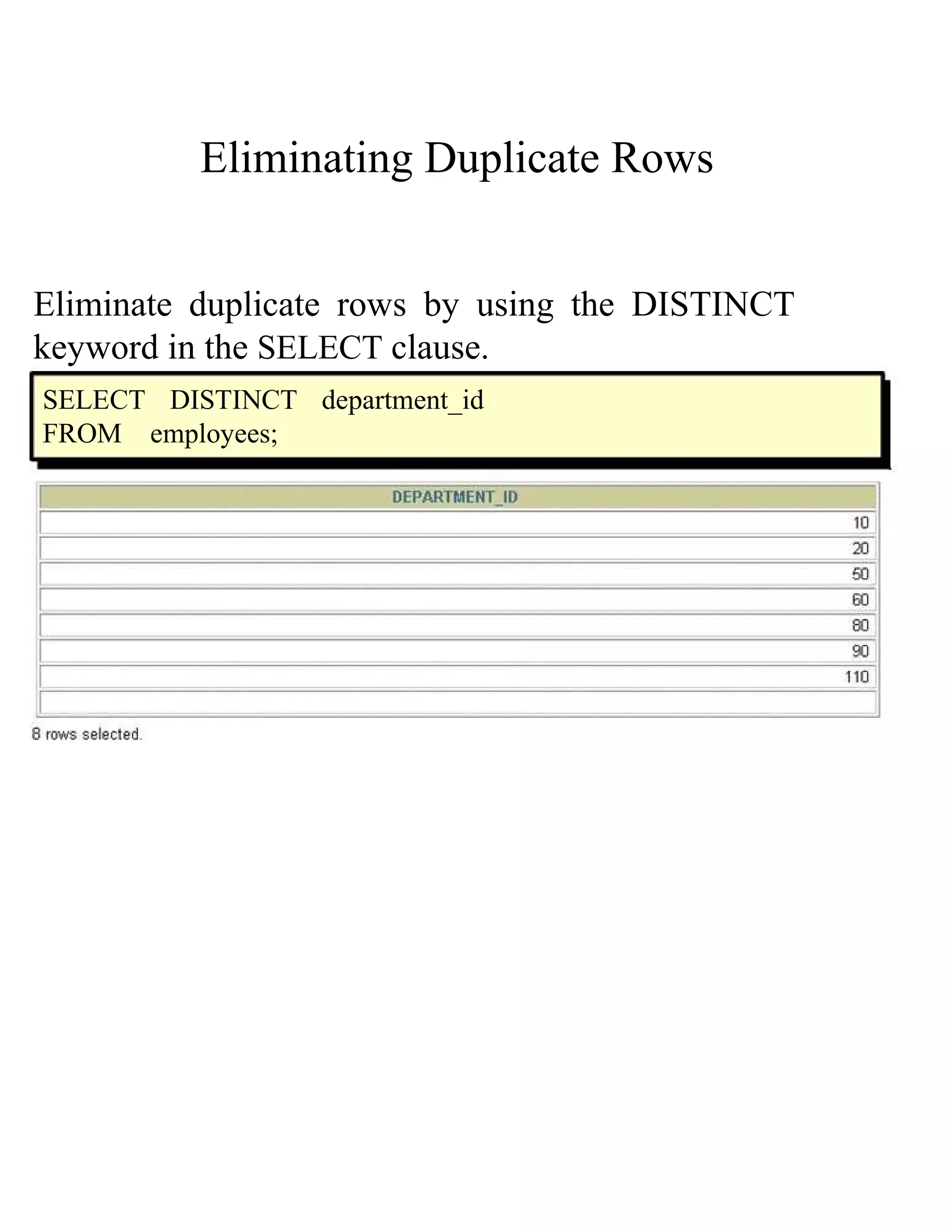 Eliminating Duplicate Rows  Eliminate duplicate rows by using the   DISTINCT keyword in the   SELECT   clause.  SELECT DISTINCT department_id FROM  employees;  