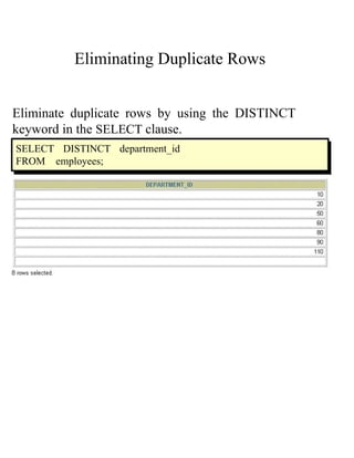 Eliminating Duplicate Rows  Eliminate duplicate rows by using the   DISTINCT keyword in the   SELECT   clause.  SELECT DISTINCT department_id FROM  employees;  