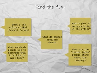 Find the fun.
What’s the
culture like?
Casual? Formal?
What’s the
culture like?
Casual? Formal?
What’s part of
everyone’s day
in the office?
What’s part of
everyone’s day
in the office?
What words do
people use to
describe what
it’s like to
work here?
What words do
people use to
describe what
it’s like to
work here?
What are the
“inside jokes”
people share
about the
company?
What are the
“inside jokes”
people share
about the
company?
What do people
complain
about?
What do people
complain
about?
 