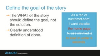 Deﬁne the goal of the story
→ The WHAT of the story
should deﬁne the goal, not
the solution.
→ Clearly understood
deﬁnition of done.
As a fan of
customer.com, 
I want the site
the home page
to use miniﬁed js 
to load in under 5
seconds.
 