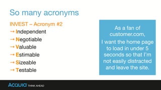 So many acronyms
INVEST – Acronym #2
→ Independent
→ Negotiable
→ Valuable
→ Estimable
→ Sizeable
→ Testable
As a fan of
customer.com, 
I want the home page
to load in under 5
seconds so that I’m
not easily distracted
and leave the site.
 