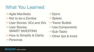 What You Learned
→ Agile Manifesto
→ Not to be a Zombie
→ User Stories: 3Cs and 3Vs
→ User Stories:  
SMART INVESTING
→ How to Simplify & Clarify
→ Personas

→ Epics
→ Spikes
→ Tracer Bullets
→ Use Components
→ Sub-Tasks
→ Other tips & tricks
 