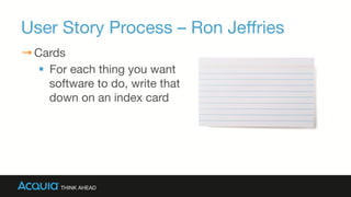 User Story Process – Ron Jeﬀries
→ Cards
§  For each thing you want
software to do, write that
down on an index card
 