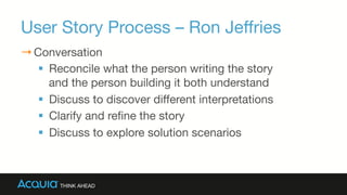 User Story Process – Ron Jeﬀries
→ Conversation
§  Reconcile what the person writing the story  
and the person building it both understand
§  Discuss to discover diﬀerent interpretations
§  Clarify and reﬁne the story
§  Discuss to explore solution scenarios
 