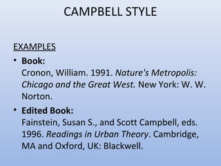 CAMPBELL STYLE
EXAMPLES
• Book:
Cronon, William. 1991. Nature's Metropolis:
Chicago and the Great West. New York: W. W.
Norton.
• Edited Book:
Fainstein, Susan S., and Scott Campbell, eds.
1996. Readings in Urban Theory. Cambridge,
MA and Oxford, UK: Blackwell.
 