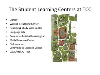 The Student Learning Centers at TCC Library Writing & Tutoring Center Reading & Study Skills Center Language Lab  Computer Assisted Learning Lab Math Resource Center “ Information Commons”/eLearning Center CASA/MECA/TRIO 
