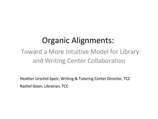 Organic Alignments:    Toward a More Intuitive Model for Library and Writing Center Collaboration Heather Urschel-Speir, Writing & Tutoring Center Director, TCC Rachel Goon, Librarian, TCC 