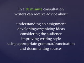 In a 30 minute consultation writers can receive advice about  understanding an assignmentdeveloping/organizing ideas considering the audienceimproving writing style using appropriate grammar/punctuationand documenting sources