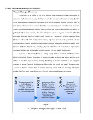 Sample Theoretical / Conceptual Framework
         Theoretical/Conceptual Framework

                  This study will be guided by the social learning theory of Bandura (2008) emphasizing the

         importance of observing and modeling the behaviors, attitudes, and emotional reactions of others. Bandura

         states: “Learning would be exceedingly laborious, not to mention hazardous, if people had to rely solely on

         their effects of their own actions to inform them what to do. Fortunately, most human behaviors are learned

         observationally through modeling and from observing others. One forms an idea of how new behaviors are

         performed and on later occasions, this added information serves as a guide for action” (209). The

         component processes underlying observational learning are: (1)Attention, including modeled events

         (distinctive-value) and other characteristics (sensory capacities, arousal levels, perceptual set, past

         reinforcement), (2)retorting including symbolic coding, cognitive organization, symbolic rehearsal, motor

         rehearsal, (3)Motor Reproduction, including physical capabilities, self-observation of reproduction,

         accuracy of feedback, and (4)Motivation, including external, vicarious and self reinforcement.

                  In relation to that concept, Modes of Learning Theory of David Rumelhart and Donald Norman

         (2004) proposed that there are three modes of learning: accretion, structuring and tuning. Accretion is the

         addition of new knowledge to existing memory. Structuring involves the formation of new conceptual

         structures or schema. Tuning is the adjustment of knowledge to a specific task usually through practice.

         Accretion is the most common form of learning; structuring occurs much less frequently and requires

         considerable effort; tuning is the slowest form of learning and accounts for expert performance.




                                                          Figure 5

                              The Conceptual Paradigm on Using the System Model
 