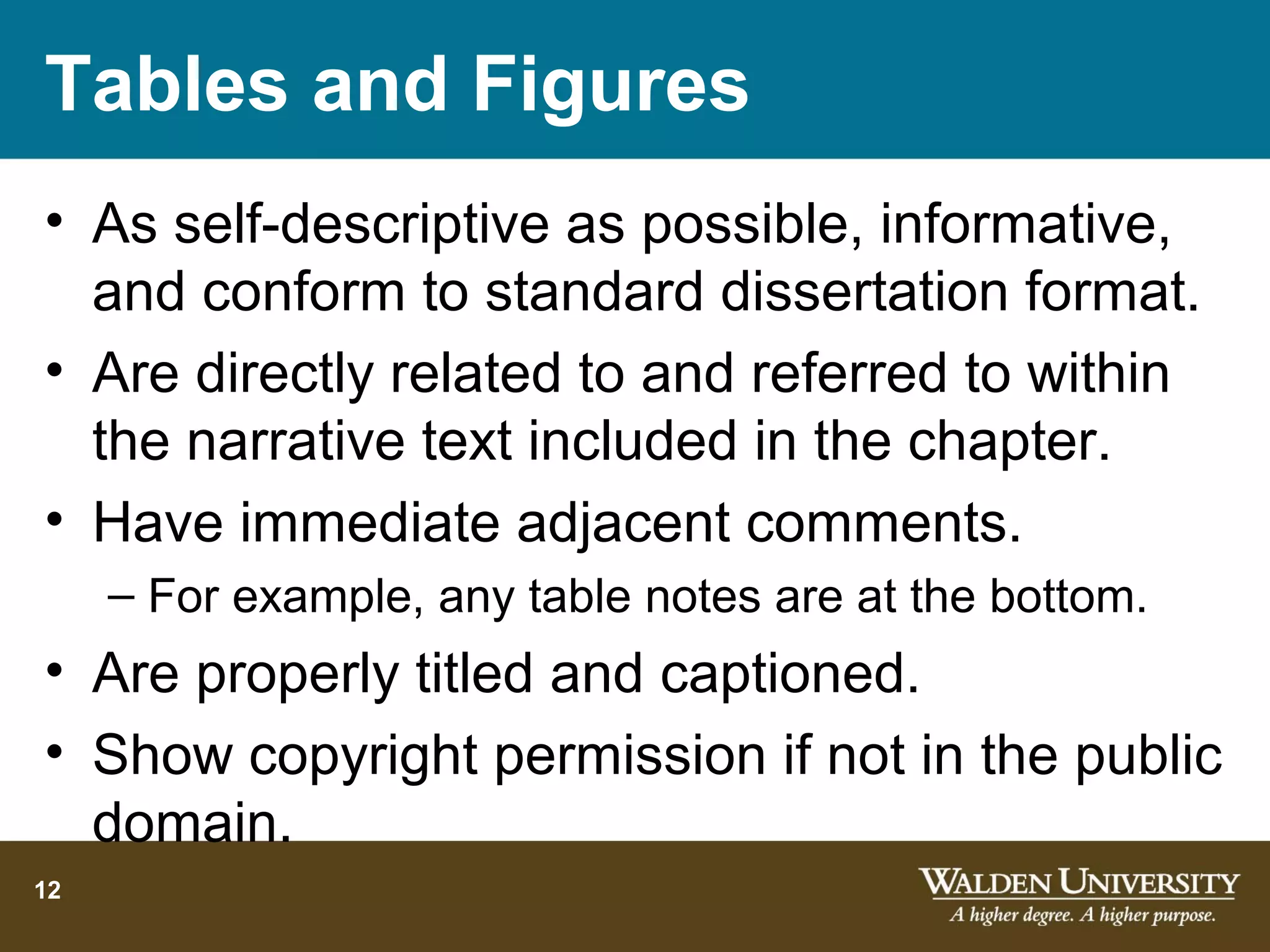 Tables and Figures
• As self-descriptive as possible, informative,
  and conform to standard dissertation format.
• Are directly related to and referred to within
  the narrative text included in the chapter.
• Have immediate adjacent comments.
     – For example, any table notes are at the bottom.
• Are properly titled and captioned.
• Show copyright permission if not in the public
  domain.
12
 