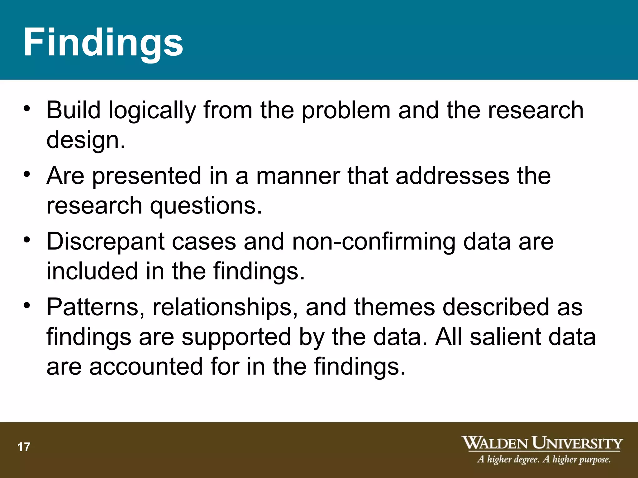 Findings
• Build logically from the problem and the research
  design.
• Are presented in a manner that addresses the
  research questions.
• Discrepant cases and non-confirming data are
  included in the findings.
• Patterns, relationships, and themes described as
  findings are supported by the data. All salient data
  are accounted for in the findings.


17
 