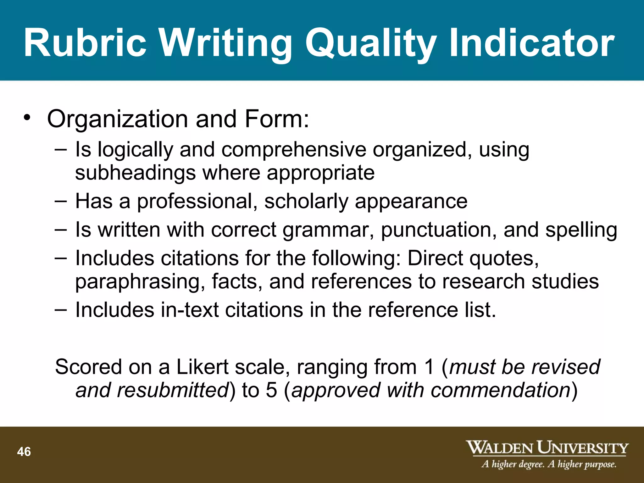 Rubric Writing Quality Indicator
• Organization and Form:
     – Is logically and comprehensive organized, using
       subheadings where appropriate
     – Has a professional, scholarly appearance
     – Is written with correct grammar, punctuation, and spelling
     – Includes citations for the following: Direct quotes,
       paraphrasing, facts, and references to research studies
     – Includes in-text citations in the reference list.

     Scored on a Likert scale, ranging from 1 (must be revised
       and resubmitted) to 5 (approved with commendation)

46
 