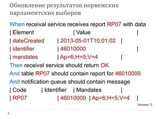 Обновление результатов норвежских 
парламентских выборов 
When receival service receives report RP07 with data 
| Element | Value | 
| dateCreated | 2013-05-01T10:01:02 | 
| identifier | 46010000 | 
| mandates | Ap=6;H=5;V=4 | 
Then receival service should return OK 
And table RP07 should contain report for 46010000 
And notification queue should contain message 
| Code | Identifier | Mandates | 
| RP07 | 46010000 | Ap=6;H=5;V=4 | 
(пример 1) 
 