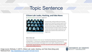 Topic Sentence
Image source: McAuley, V. (2017). Citizen Lab: Leaks, Hacking, and Fake News [blog post].
Retrieved from: http://digitaltattoo.ubc.ca/2017/07/25/17214/
 