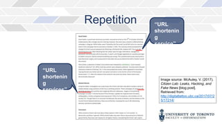 Repetition “URL
shortenin
g
service”
“URL
shortenin
g
services”
Image source: McAuley, V. (2017).
Citizen Lab: Leaks, Hacking, and
Fake News [blog post].
Retrieved from:
http://digitaltattoo.ubc.ca/2017/07/2
5/17214/
 