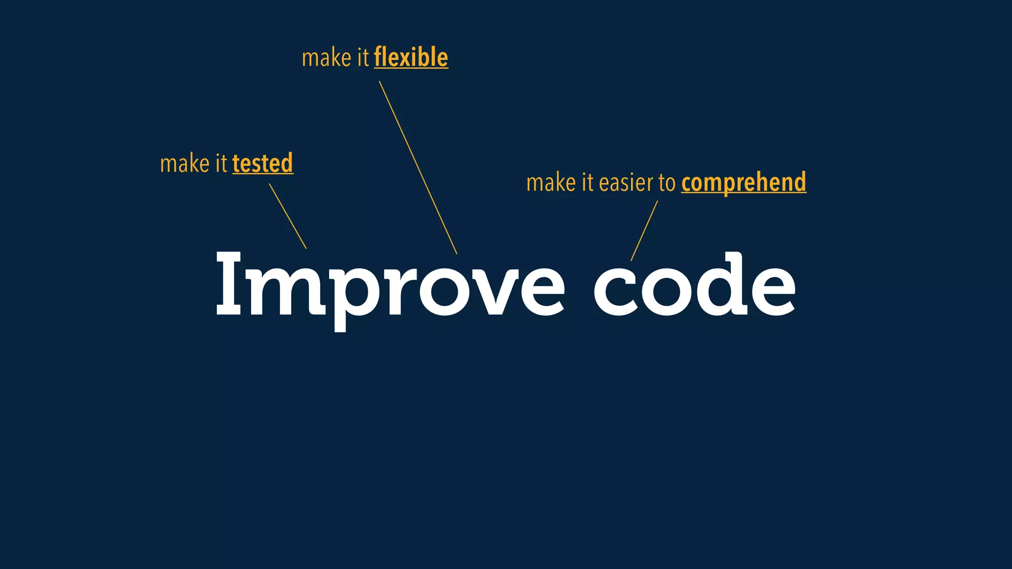 Improve code
make it easier to comprehend
make it ﬂexible
make it tested
 