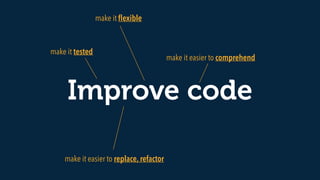 Improve code
make it easier to comprehend
make it ﬂexible
make it tested
make it easier to replace, refactor
 