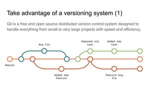 Take advantage of a versioning system (1)
Git is a free and open source distributed version control system designed to
handle everything from small to very large projects with speed and efficiency.
 