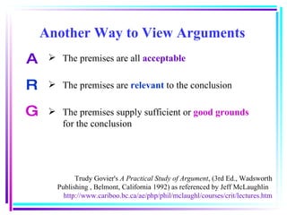 Another Way to View Arguments The premises are all   acceptable The premises are  relevant  to the conclusion The premises supply sufficient or  good grounds  for the conclusion A R G Trudy Govier's  A Practical Study of Argument , (3rd Ed., Wadsworth Publishing , Belmont, California 1992) as referenced by Jeff McLaughlin  http://www.cariboo.bc.ca/ae/php/phil/mclaughl/courses/crit/lectures.htm 